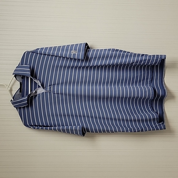 XL Greyson striped 3 button performance golf polo slate blue, grey white stripe. - Picture 1 of 6